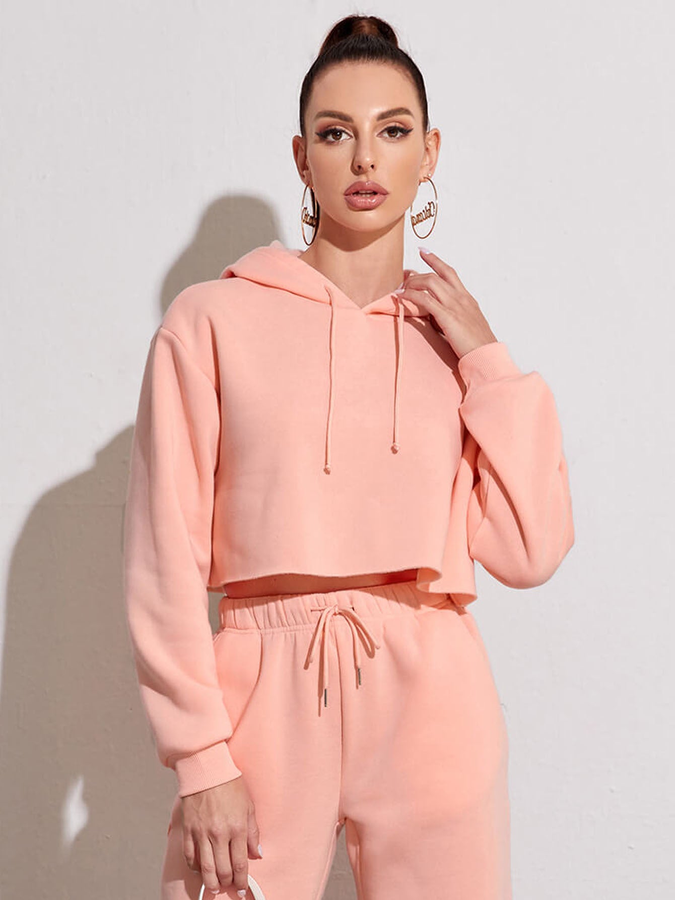 Fleece Solid Color Short Navel-Exposed Hooded