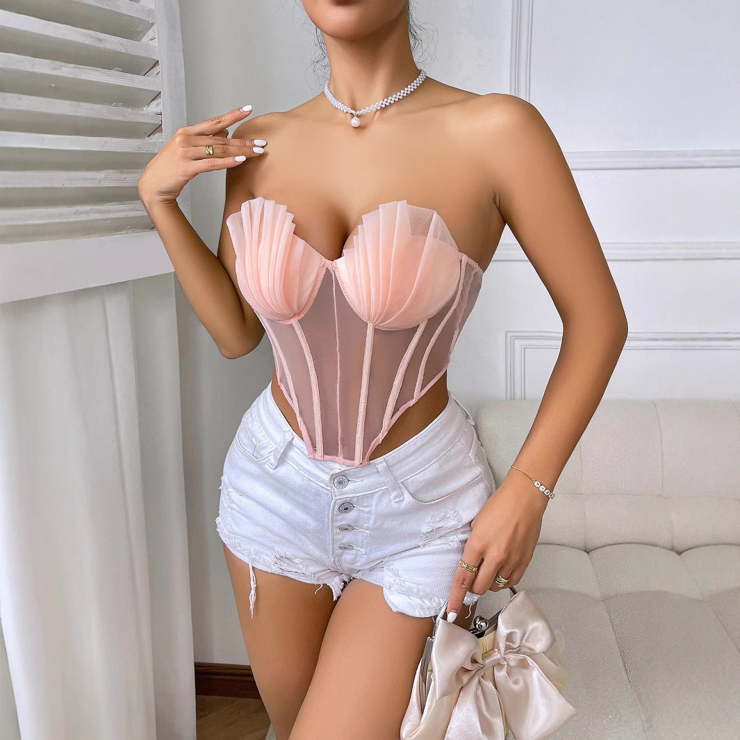 Sexy Corset Low Cut Boning Corset Sexy Mesh See through Diamond Shaped Chest Wrapped Steel Ring Cinched Waist Waistcoat
