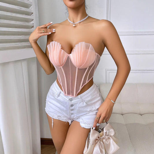 Sexy Corset Low Cut Boning Corset Sexy Mesh See through Diamond Shaped Chest Wrapped Steel Ring Cinched Waist Waistcoat