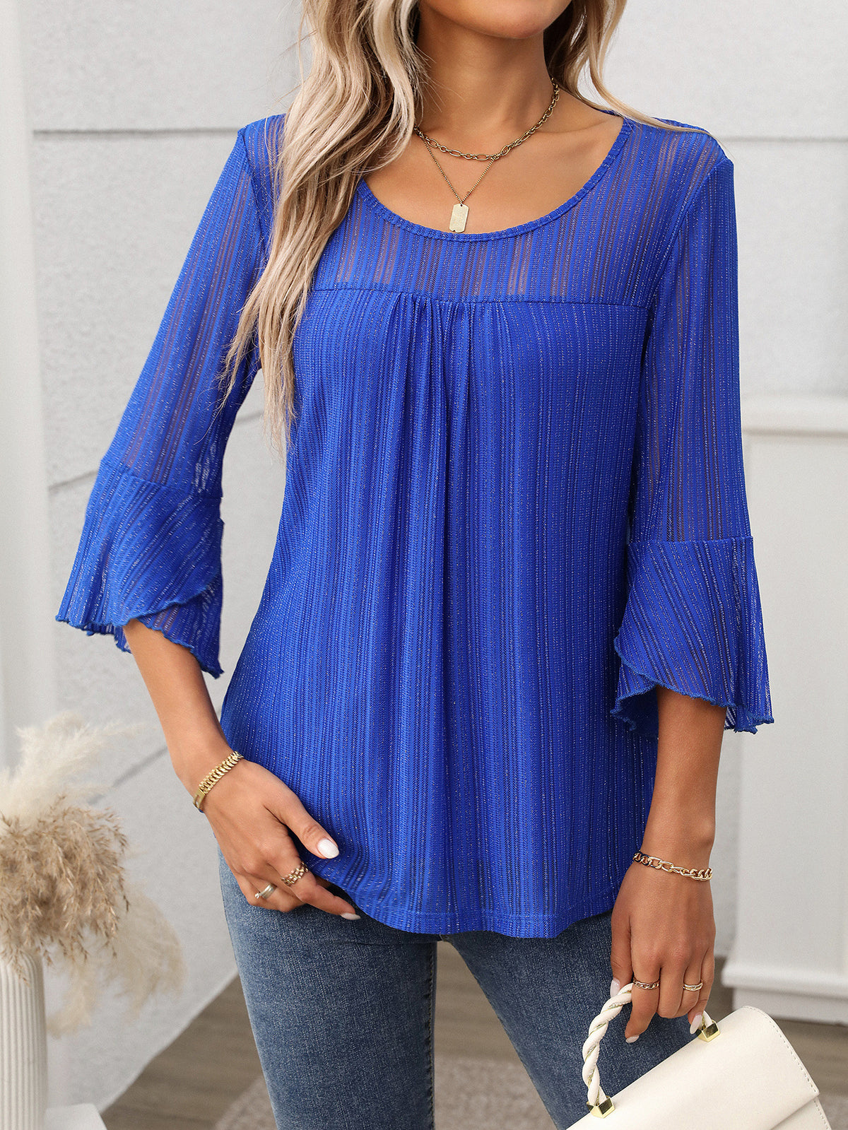 Women Clothing Elegant round Neck Ruffle Sleeve Shiny Mesh Top
