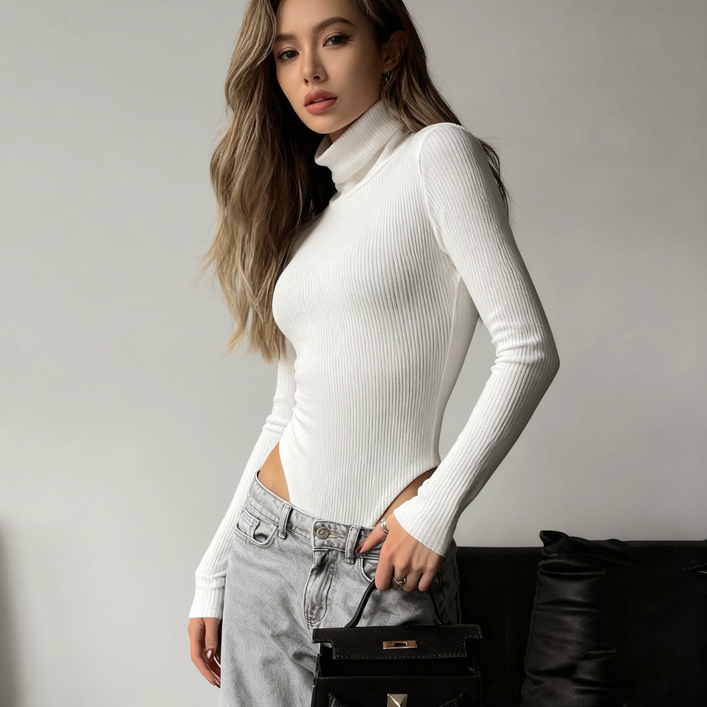 Autumn Winter Solid Color Turtleneck Knitting Threaded Tight Jumpsuit Women Basic Casual Long Sleeve Bottoming Shirt