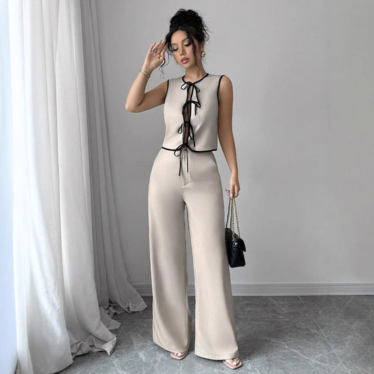 Real Shot Women Clothing Vest Lace up Sexy Sleeveless Top High Waist Wide Leg Pants