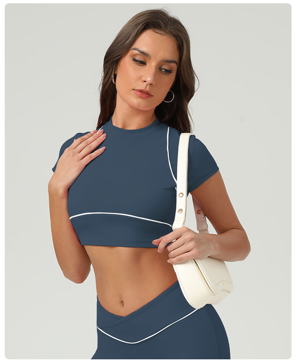 Quick Drying Exercise Top Women Short Sleeved Running Summer Training Fitness T shirt Contrast Color Yoga Clothing Top Vest
