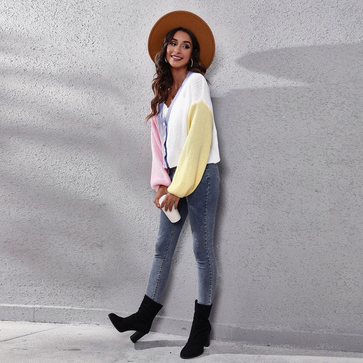 Popular Contrast Color Knitted Cardigan Color Matching Lantern Sleeve Short Sweater for Women Loose