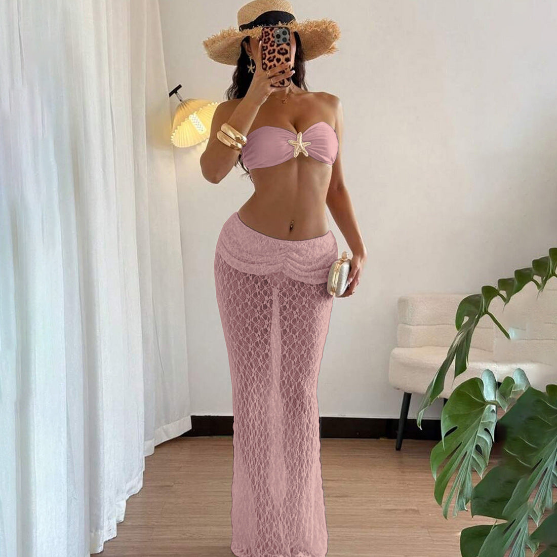 Summer Women Clothing Solid Color Sexy Lace up Tube Top Lace Maxi Skirt Two Piece Set for Women