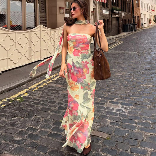 Fall Women Clothing Elegant Slim Fit Scarf Collar Sexy Backless Tube Top Printed Dress Women