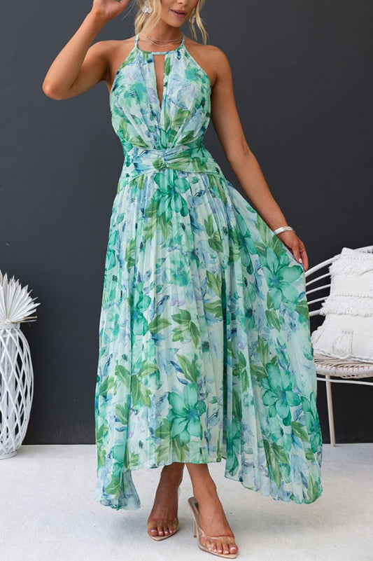 Summer Women Halter Sleeveless V Neck Printed Large Swing Maxi Dress