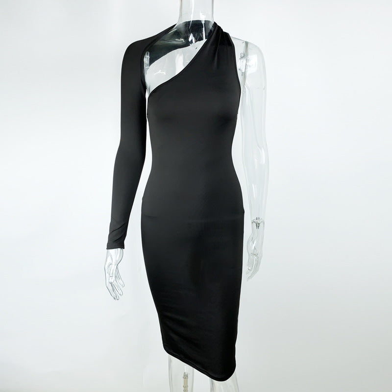 Spring Summer Women Clothing Single Sleeve Irregular Asymmetric Sexy Slim Dress Dress Dress