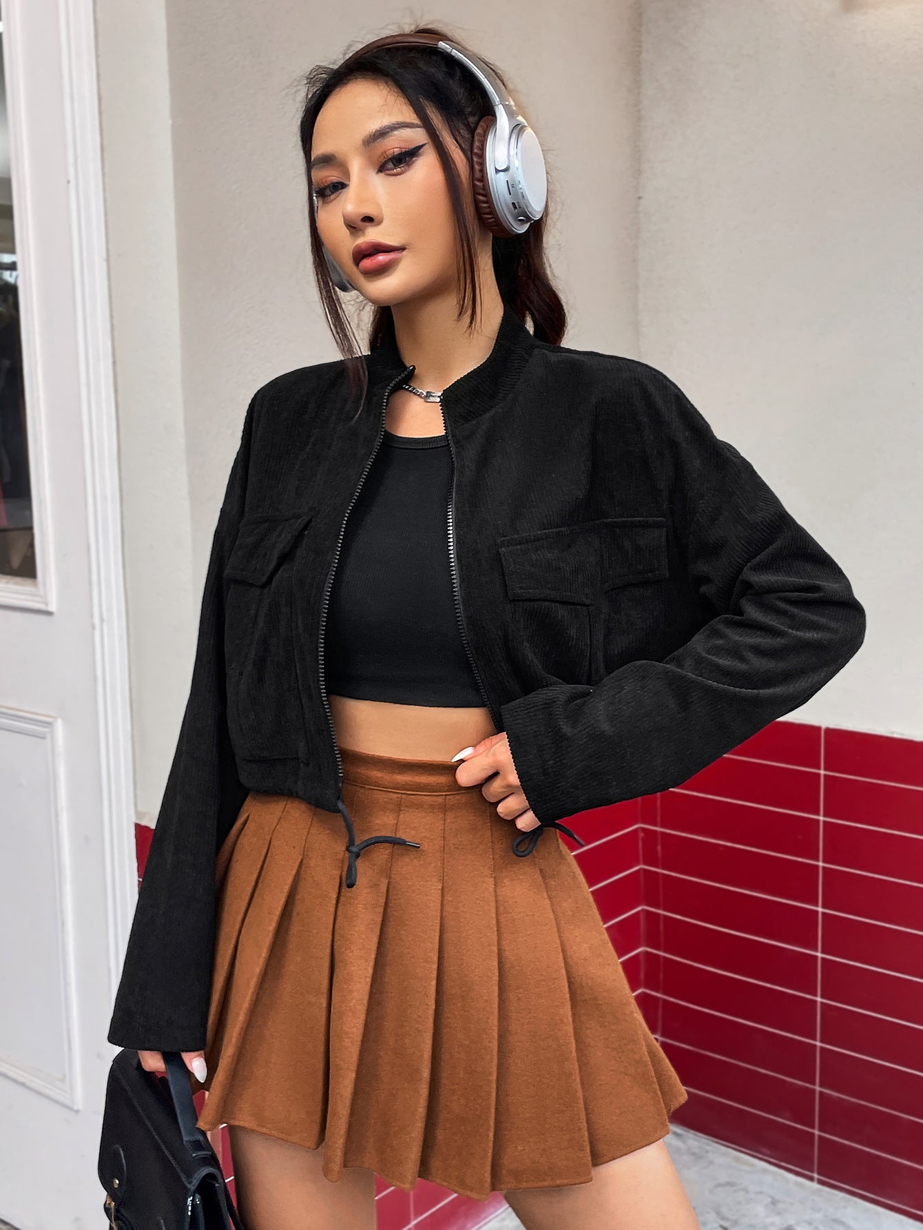 Women Clothing Trend Short Solid Color Zipper Jacket