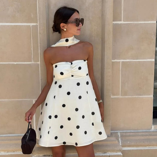 Elegant Expensive Tube Top Dress Loose Polka Dot Printed Short Dress with Scarf