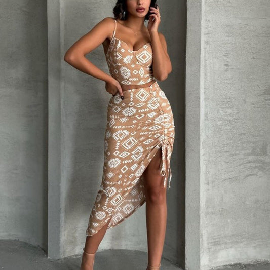 Vacation Sexy Summer Sexy Floral Camisole Midi Skirt Two Piece Sets