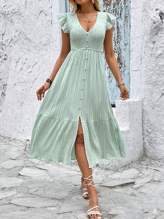 Summer V neck Split Fresh Light Green Texture Dress