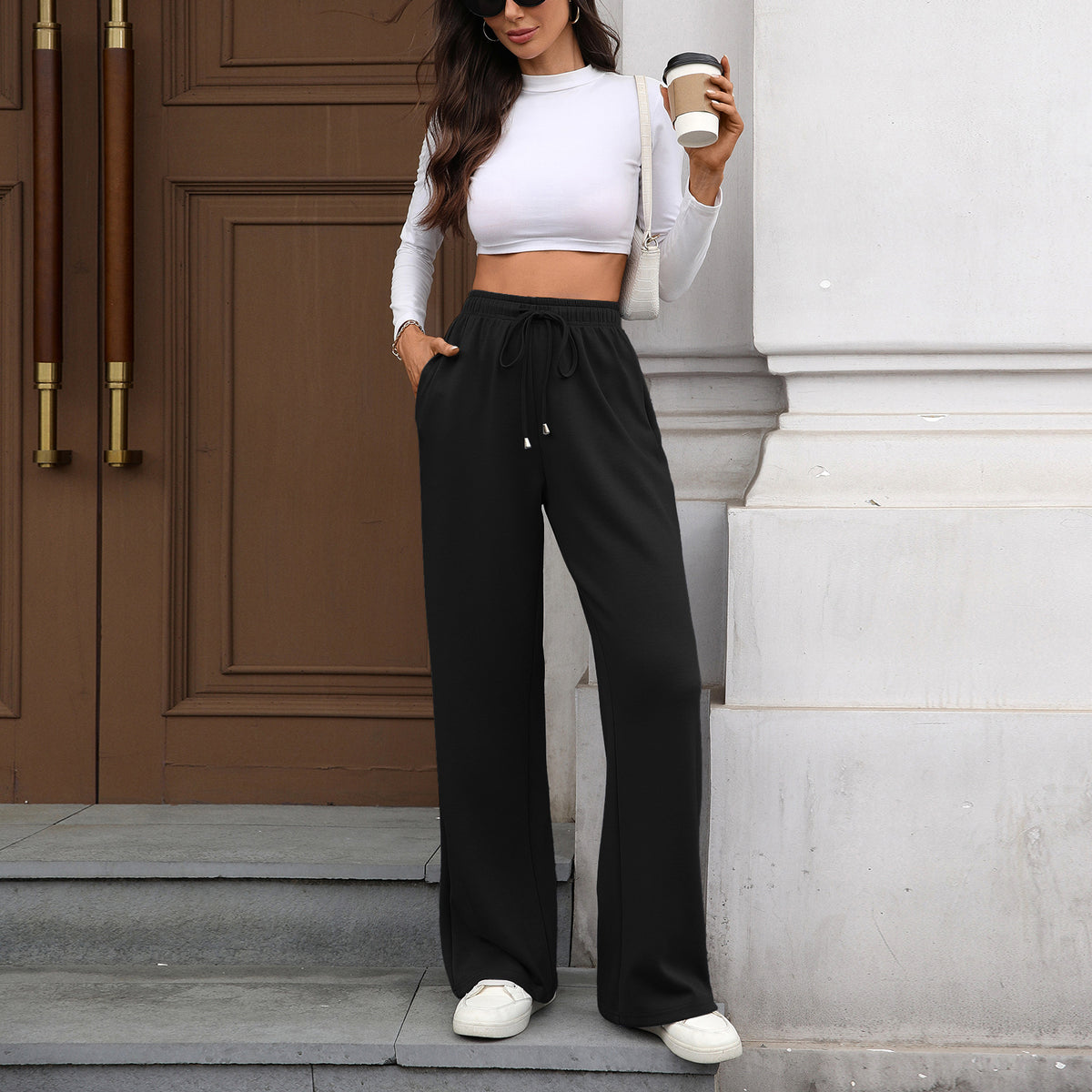 Autumn Winter Solid Color Elastic Waist Pocket Loose Straight Trousers Ladies