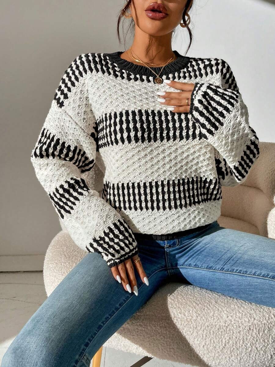 Women Clothing Autumn Winter Casual Loose Sweater Contrast Color Striped Stitching Sweater