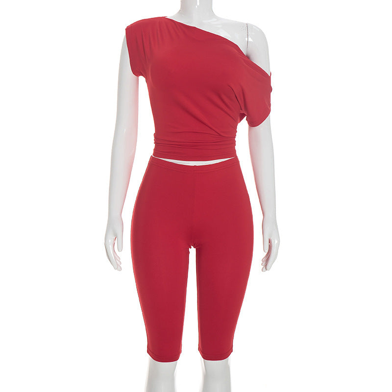 Women Clothing Autumn Solid Color One Shoulder Short Sleeve Top Tight Capri Pants Two Piece Set