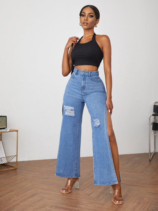 Women Traceable Jeans Ripped Split Women Jeans