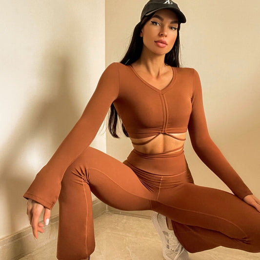 Yoga Clothes Suit Women Drawstring Coat Flared Cuffs High Waist Abdominal Shaping Slimming Yoga Bell Bottom Pants