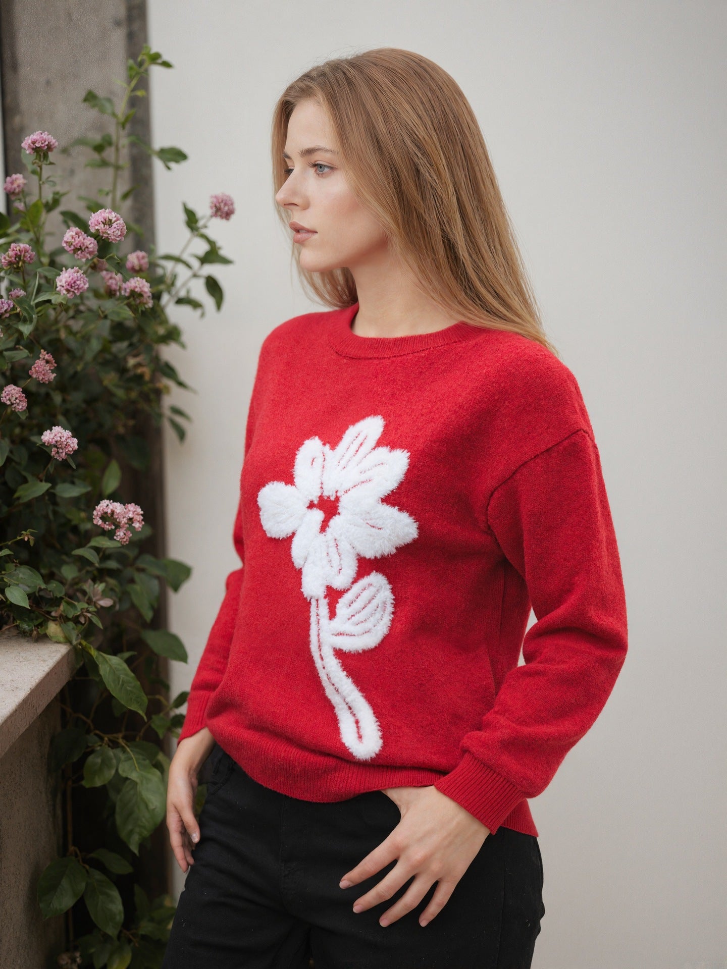 Floral Jacquard round Neck Long Sleeved Sweater Women Clothing Solid Color Casual Pullover Sweater Women