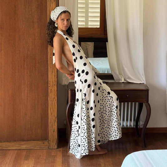 Women Clothing Fall Slim Fit Slim Backless Polka Dot Brace Maxi Dress Commuting