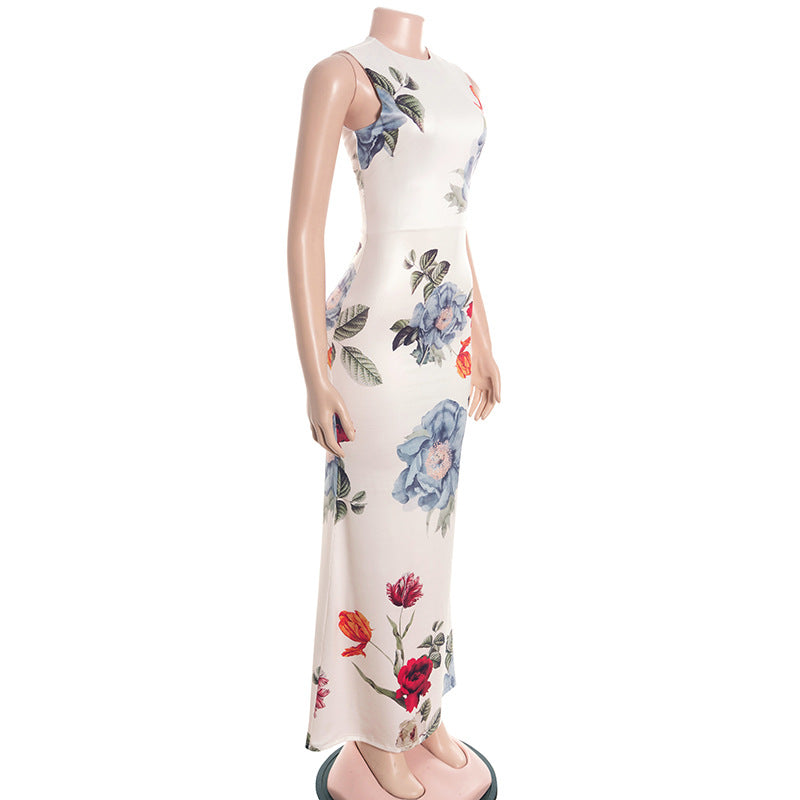Fashionable Elegant round Neck Sleeveless Pullover Plant Floral Print Slim Fit Maxi Dress