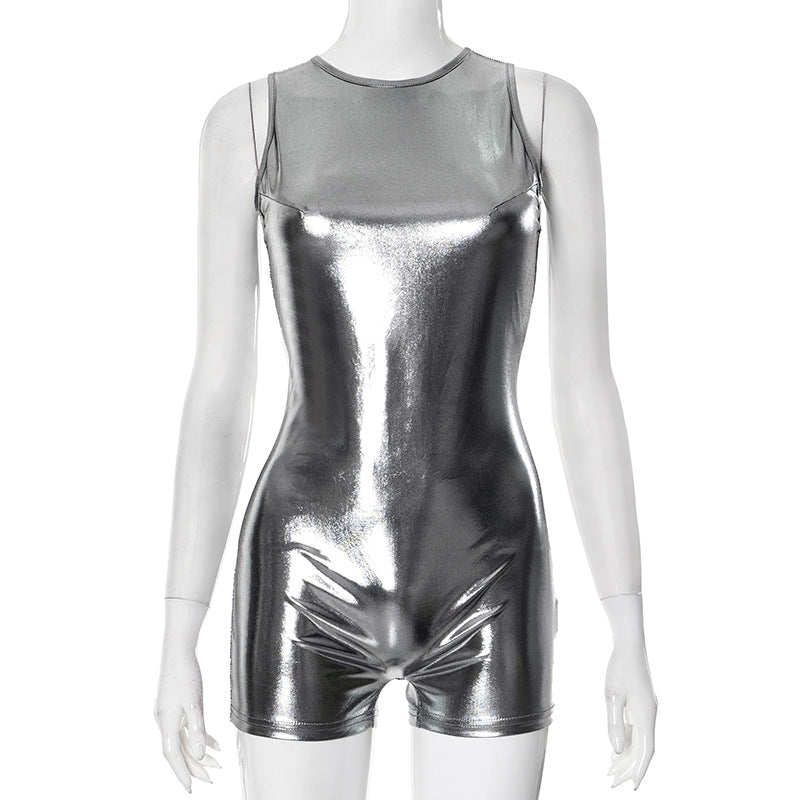 Women Spring Summer Pullover Bronzing Button Bare Back Silver Skinny Romper