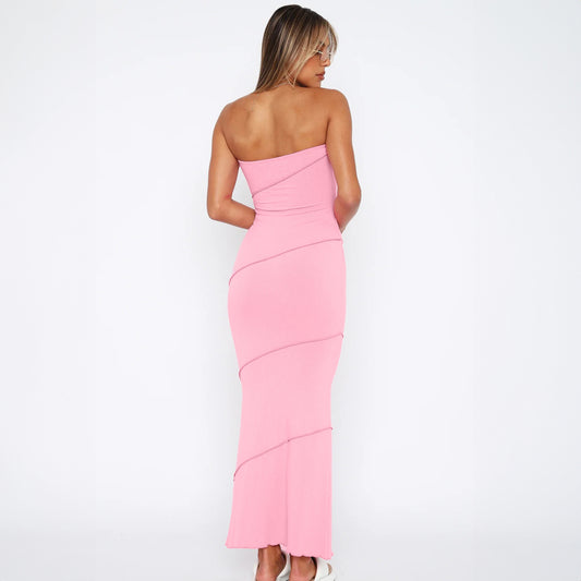 Women Clothing Summer Wrapped Chest Striped Solid Color Sunken Stripe Sleeveless Slim Fit Dress