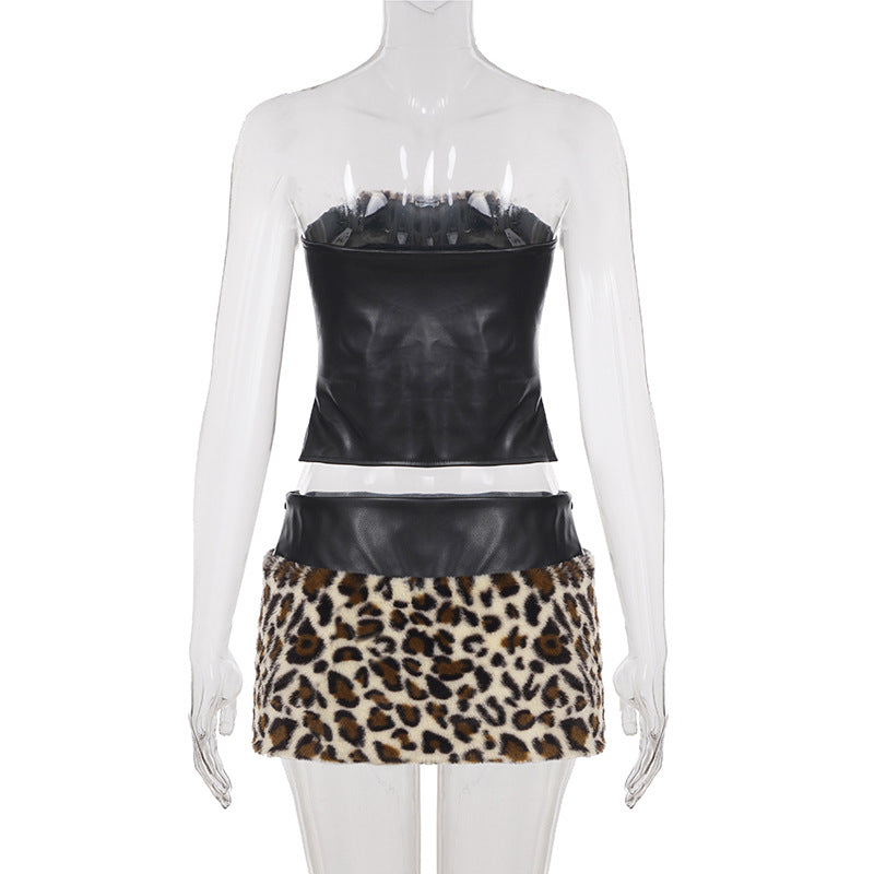 Women Clothing Two Piece Sets Leopard Fur Stitching Leather Tube Top Sexy Hip Skirt Two Piece Sets