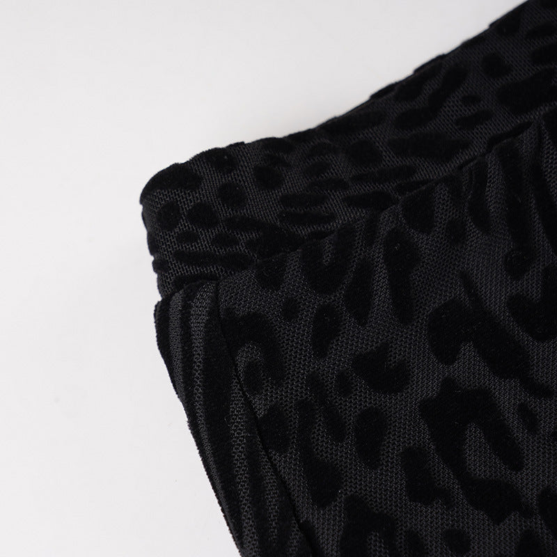 Sexy Flocking Wool Tops Lace up Cardigan Leopard Print Skirt Women Fur Stitching Two Piece Sets