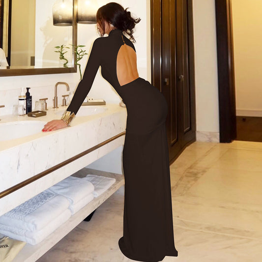Women Clothing Autumn Solid Color Long Sleeve Slim Fit Fishtail Dress Button Backless Dress Women
