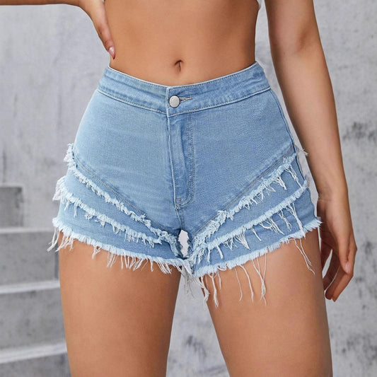 Summer Women Jeans Multi Layer Frayed Stretch Denim Shorts