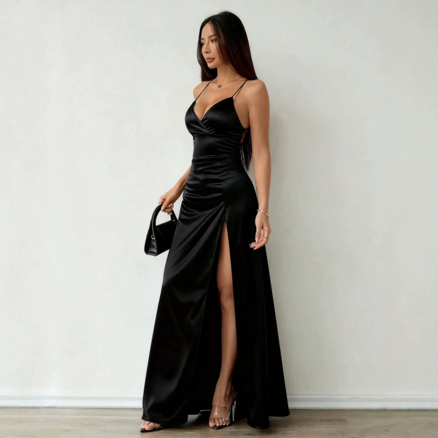 Popular Elegant Sexy Party Dress Solid Color Satin Cross Back High Slit