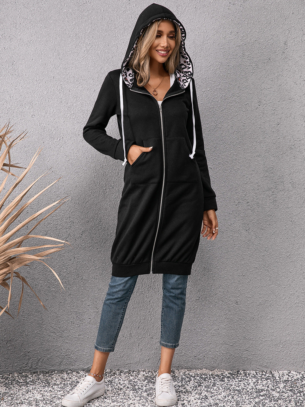 Loose Casual Leopard Print Colorblock Mid Length Hooded Sweatshirt Cardigan Top Women