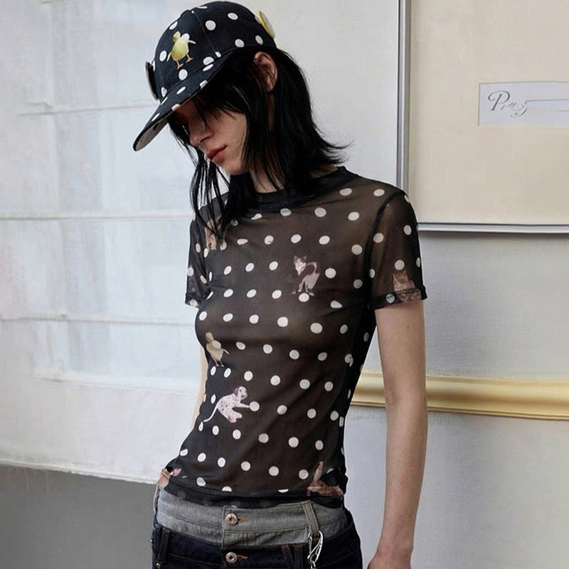 Spring Summer Women Clothing Animal Polka Dot Printed Waist Controlled Short Sleeve Top T shirt