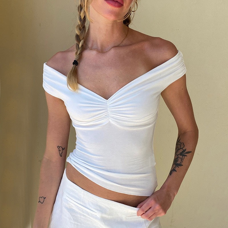 Women Clothing Spring Summer off Shoulder Wrinkle Front Chest Top Sexy off Shoulder Pure Sexy Vest Women