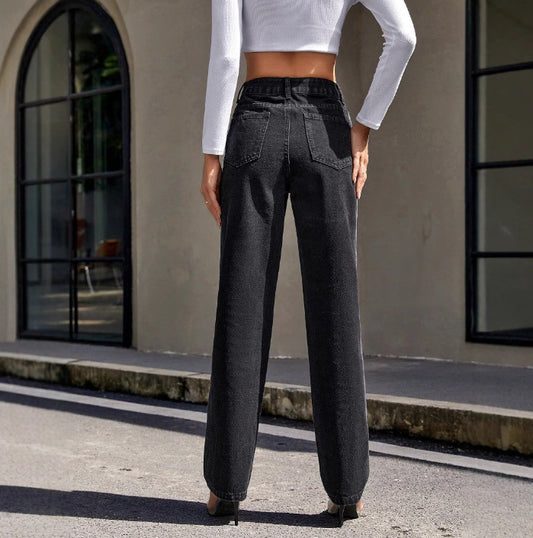 Women Clothing Autumn Winter High Waist Slimming Straight Denim Trousers
