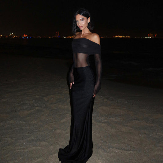 Fall Maxi Dress Elegant Sexy Slim off Shoulder Mesh Dress Women