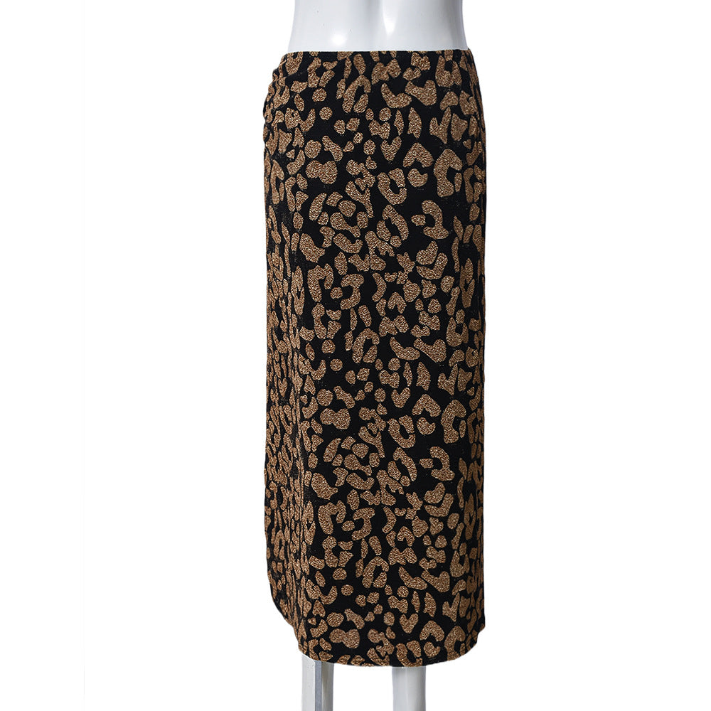 Women Pants Personality Slit Drawstring Lace Stretch Leopard Print Skirt