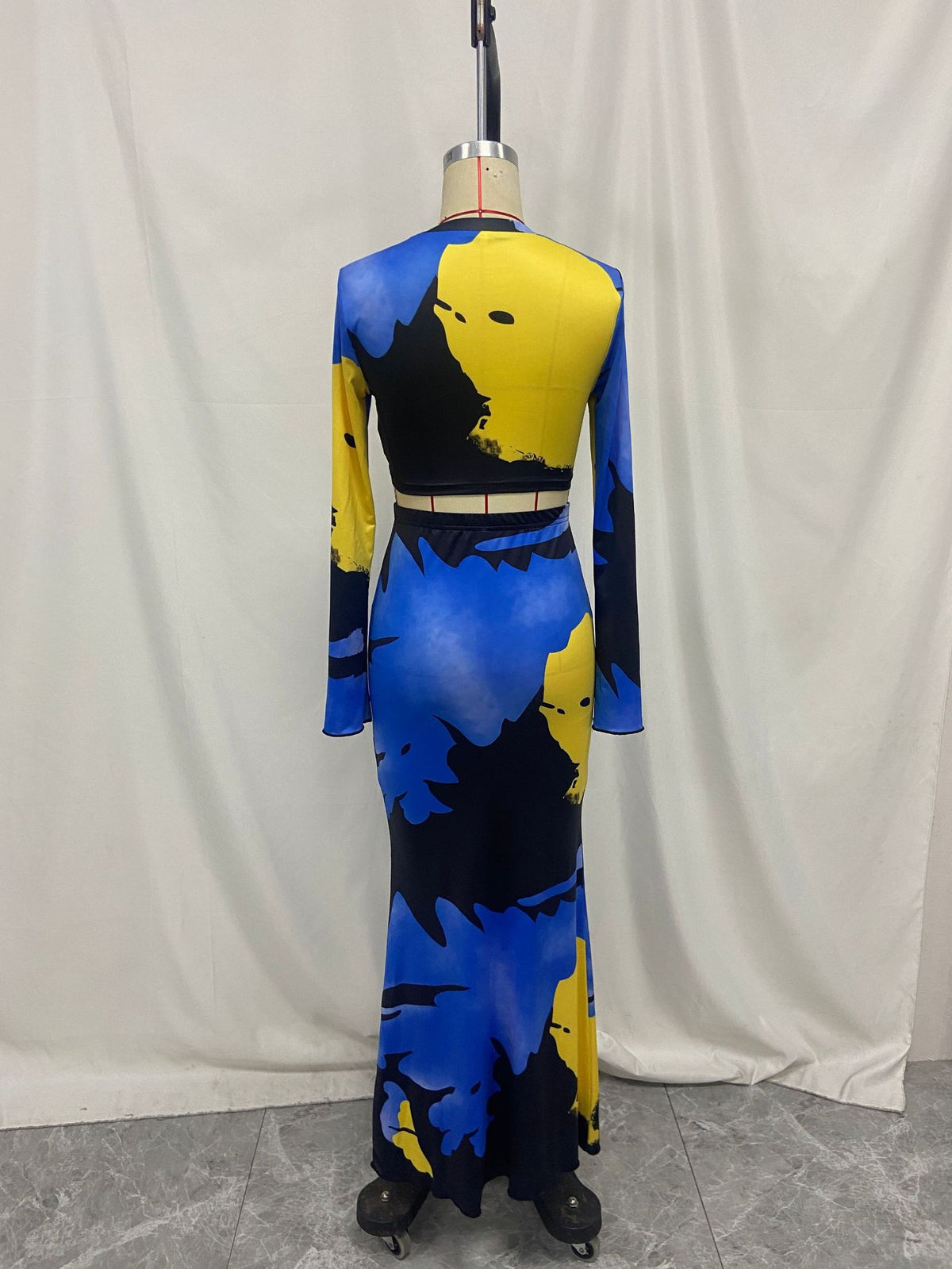 Summer Printing Round Neck Long Sleeves Cropped Top Slim Fit Sheath Skirt Set Women