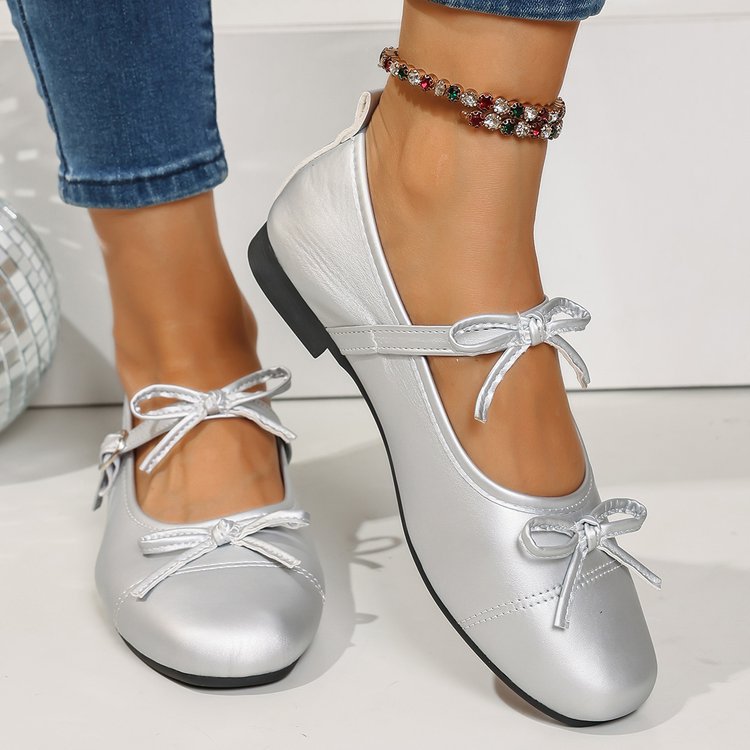 Shallow Mouth Ballet Flat Pumps Women Vintage Bow Low Heel Mary Jane Word Buckle Gomminosho