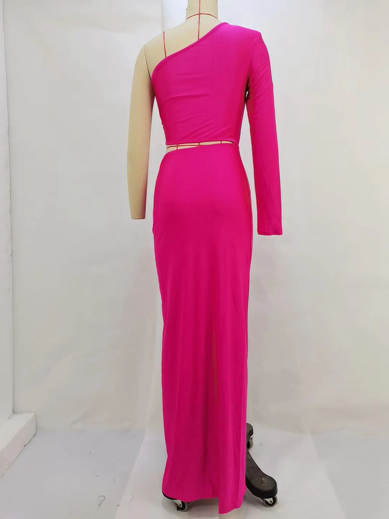 Women Sexy Oblique Shoulder Single Sleeve Pleated Cropped Outfit Split Mid Length Women Dress