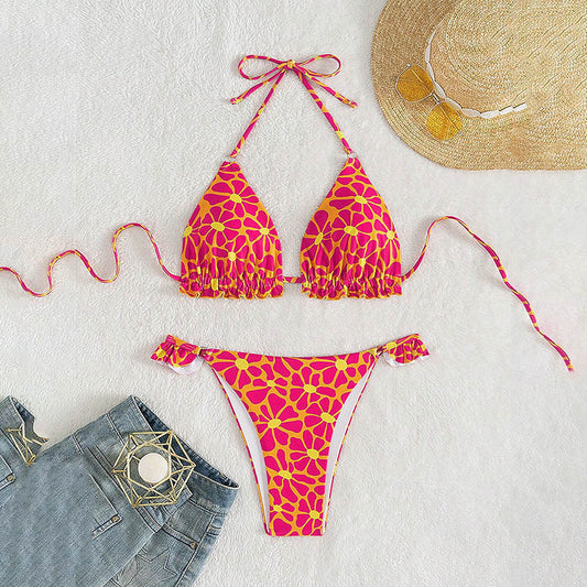 Printed Sexy Bikini Swimsuit Women Lace up Beach Spring Swimsuit Bikini
