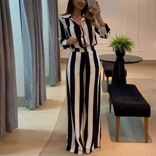 Autumn Casual Black White Striped Button Pocket Design Shirt Wide Leg Pants Two Piece Sets