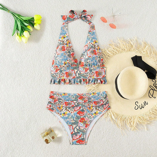 Printed Halter Split Swimsuit Women Push up Sexy Bikini Beach Spring Swimsuit