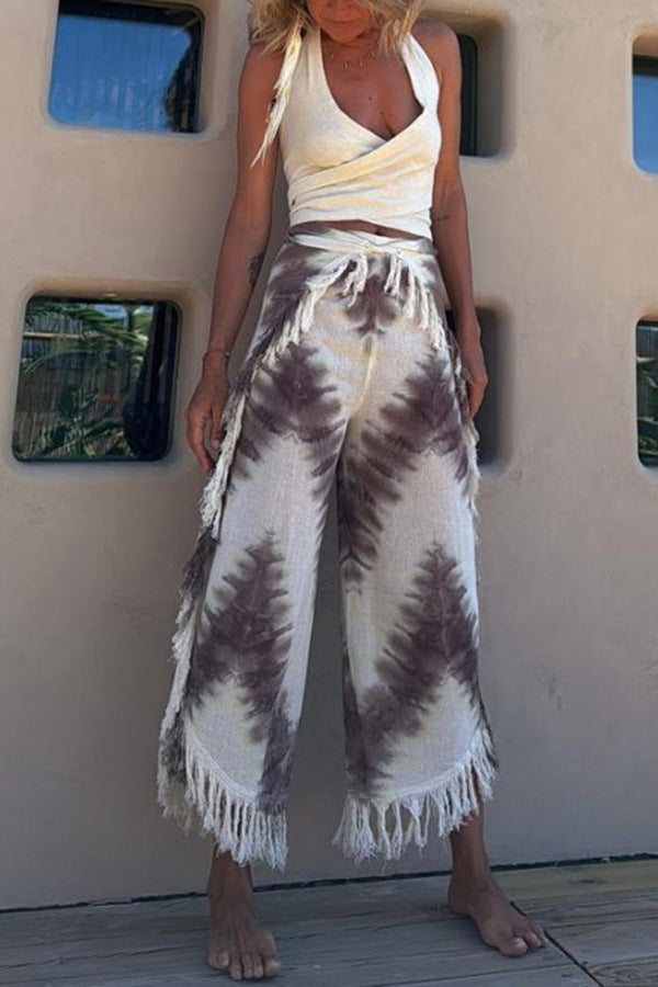 Printed Vest Tassel Cropped Pants Coat Three Piece Suit