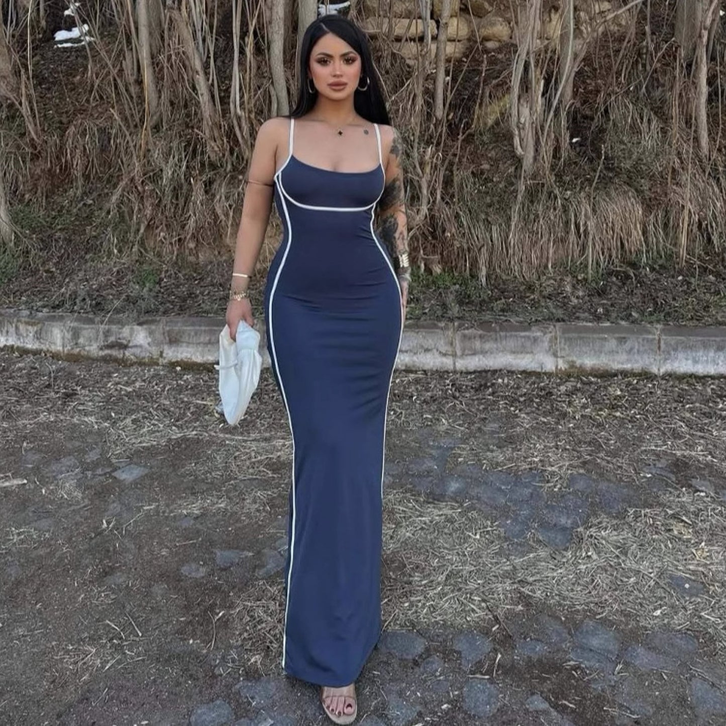 Summer Women Color Matching Sling Skinny Sheath Stretch Dress