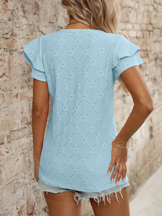 Women Clothing Spring Summer Solid Color V neck Sweet Short Sleeved T shirt Hollow Out Cutout Top