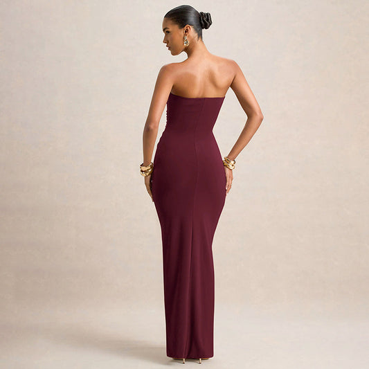 Women Clothing Autumn Arrival Solid Color Slim Fit Sweetheart Pleated Wrap Sleeveless Sleeve Length Dress