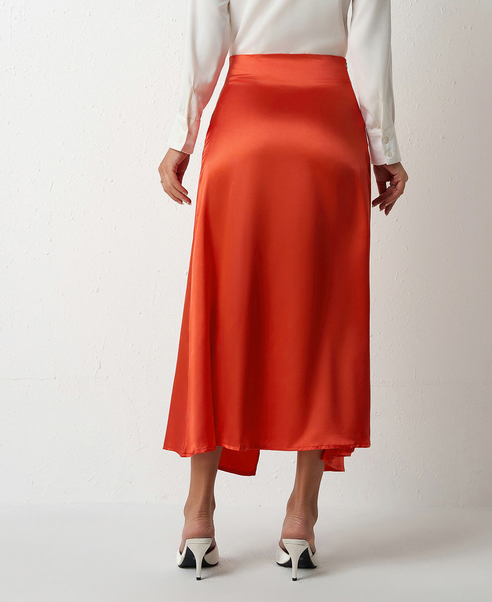 Women Clothing High Waist Slit Satin Long Skirt Pleated Skirt Zipper Fishtail Hip Skirt
