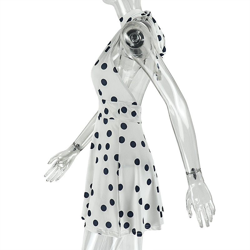 Women Wear Waist Pleated Polka Dot A line Dress Printed Halter Short Dress