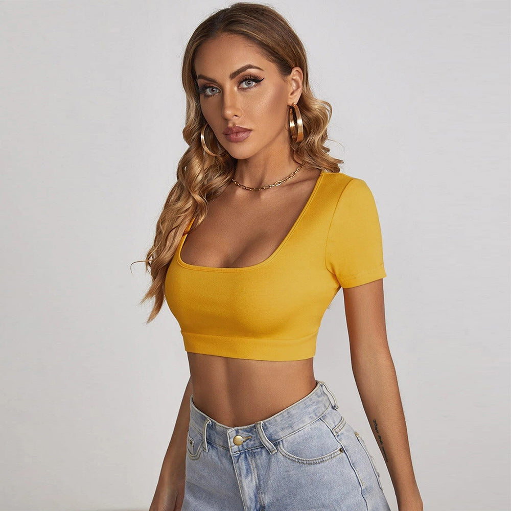 Women Clothing Summer New Square Collar cropped T-shirt Sexy Slim Street Short Sleeve